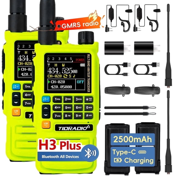 TIDRADIO TD-H3 Plus GMRS Handheld Radio, Bluetooth-Headphone-connectable,Wireless Programming with GMRS Antenna, 2Pack-Green