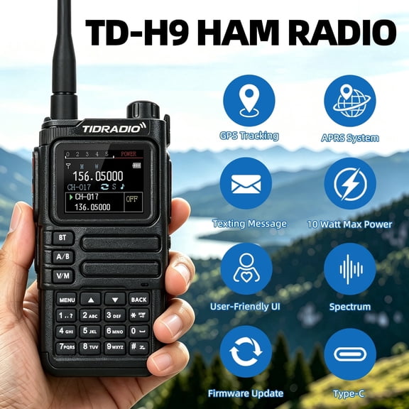 TIDRADIO TD-H9 10Watt GPS/APRS/SMS Ham Radio Long Range Walkie Talkies, Rechargeable 2500mAh Type C Battery, Spectrum Analysis, NOAA,AM,FM-Black