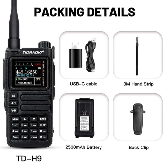 TIDRADIO TD-H9 10-Watt Long Range Walkie Talkies, Rechargeable 2500mAh Type C Battery, 1.77" Color Screen, Dual Band Two Way Radios -1Pack