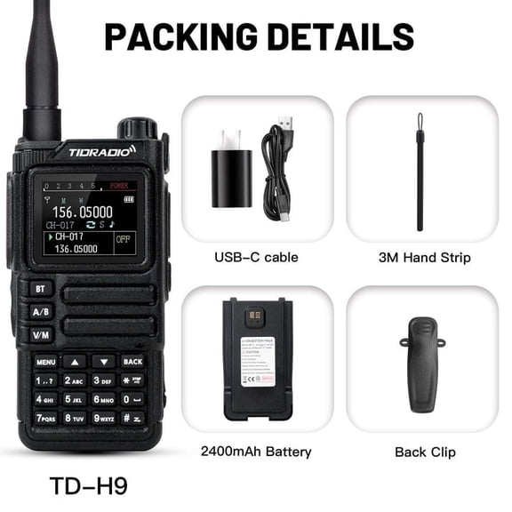 TIDRADIO TD-H9 10-Watt Long Range Walkie Talkies, Rechargeable 2500mAh Type C Battery, 1.77" Color Screen, Dual Band Two Way Radios -1Pack