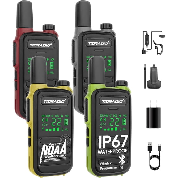 TIDRADIO TD-M11 Plus Walkie Talkies Waterproof IP67 Long Range FRS Two-Way Radios, Frequency Copy, VOX, NOAA Emergency Weather Radio for Camping Hunting Gear, Mix Color - 4 Pack