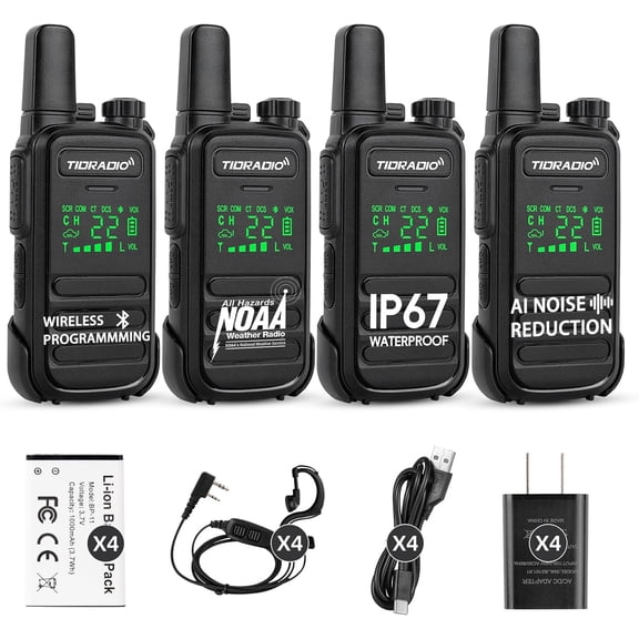 TIDRADIO TD-M11 Plus Walkie Talkies Waterproof IP67 Long Range FRS Two-Way Radios, Frequency Copy, VOX, NOAA Emergency Weather Radio for Camping Hunting Gear, Black - 4 Pack