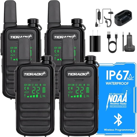 TIDRADIO TD-M11 waterproof IP67 long range FRS two-way radios, black 4 pack with NOAA weather radio