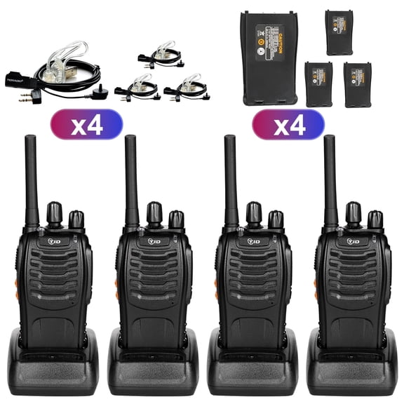 TIDRADIO TD-V2 Walkie Talkies Long Range Rechargeable Two Way Radios with Secret Service Earpiece, 16CH Portable Durable, Frequency Copy, Flashlight VOX for Business Family- Black, 4 Pack