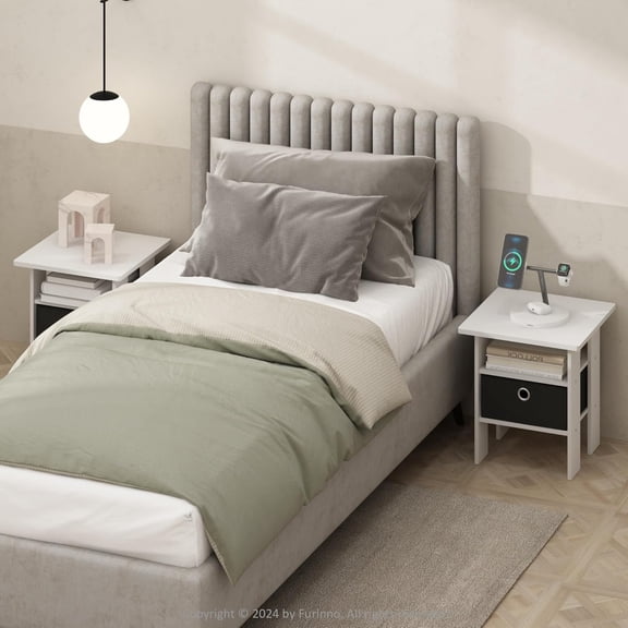 TIDUR Night Stand Set of 2, Open Shelf Design Nightstand with Storage Bin, Bedside Table, End Table, Side Table, for Bedroom, Living Room, White