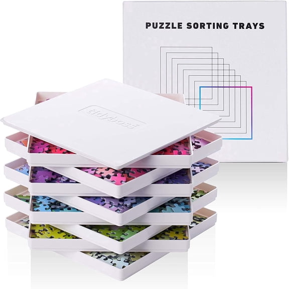 TIDYBOSS White 8 Puzzle Sorting Trays with Lid, 10" x 10" Stackable Organizer for Puzzles Up to 2000 Pieces