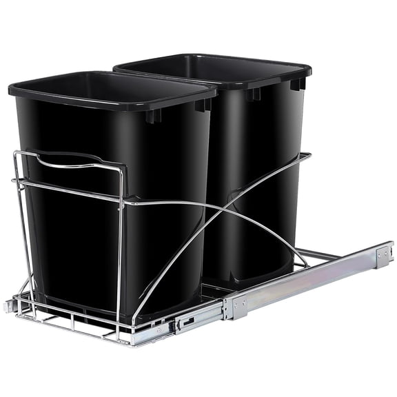 TIDYTROVE Double 35-Quart Pull Out Trash Can Under Cabinets Under Sink Garbage Sliding Waste Bin Container Recycling Bins with Chrome Wire Bottom Mount 44 lbs Load Capacity, Black