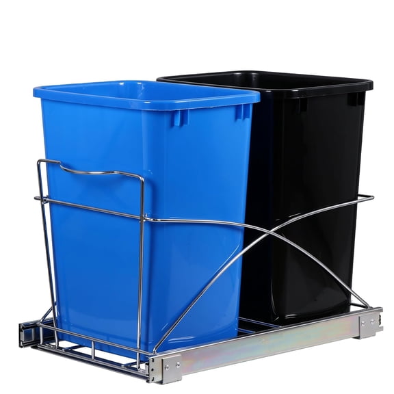 TIDYTROVE Double Pull Out Trash Can for Kitchen Cabinets 35-Quart Under Sink Garbage Sliding Waste and Recycling Bins with Chrome Wire Bottom Mount, 44 lbs Load Capacity, Black & Blue