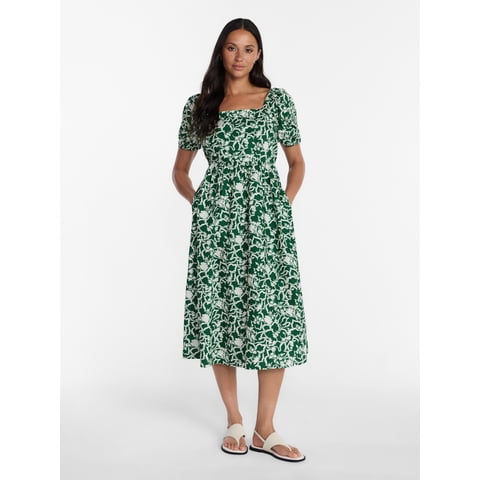 Women's and Women's Plus Cotton Back Tie Midi Dress with Short Puff Sleeves, Sizes XS-4X