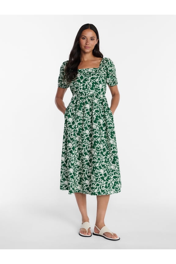 Women's Tie Back Cotton Midi Dress with Short Puff Sleeves, Sizes XS-XXXL