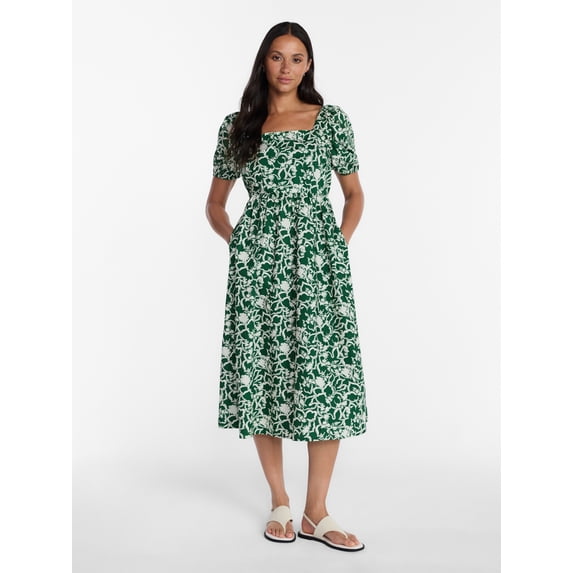Time and Tru Women's Tie Back Cotton Midi Dress with Short Puff Sleeves, Sizes XS-XXXL