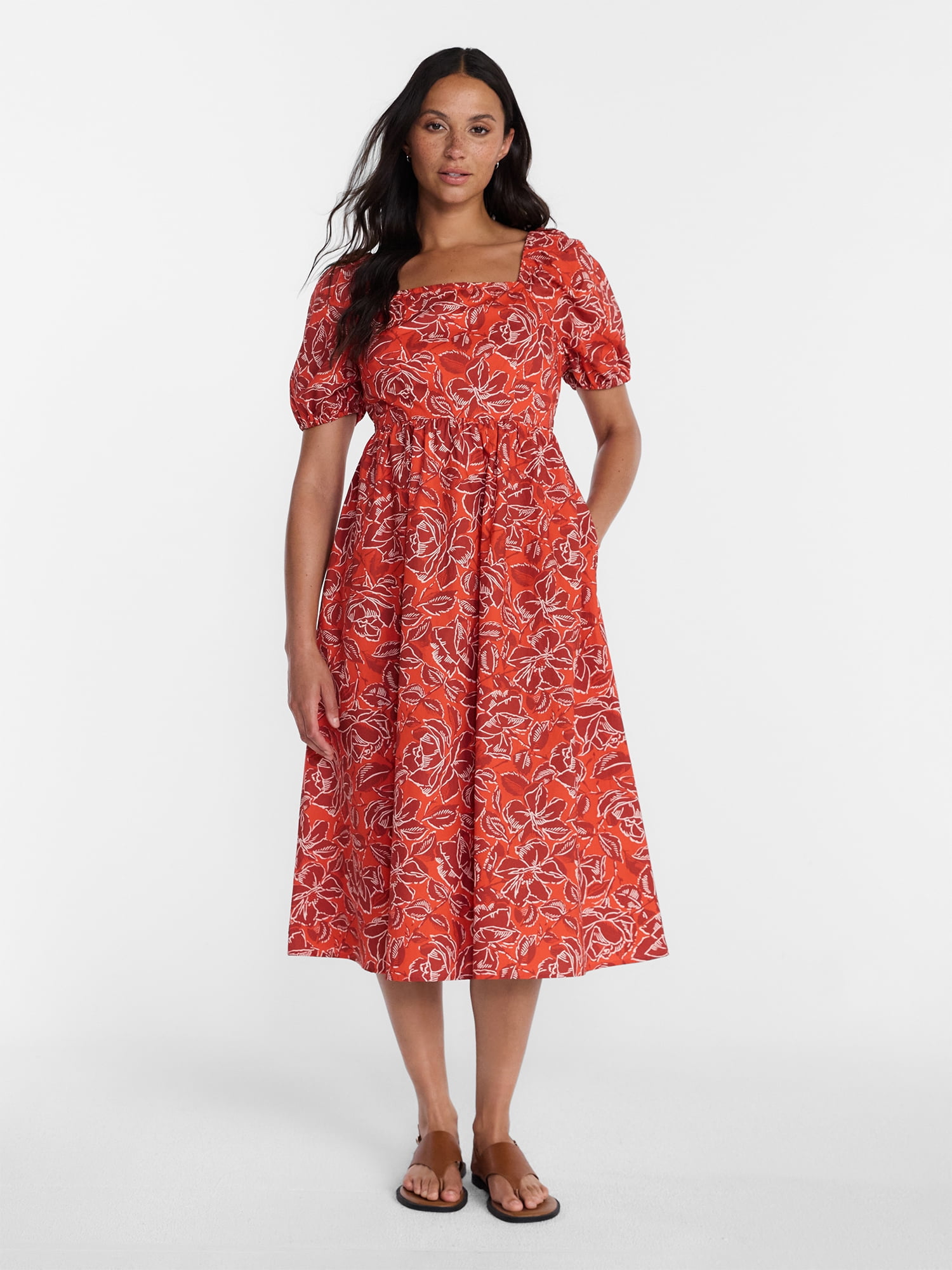 Time and Tru Women's and Women's Plus Cotton Back Tie Midi Dress with Short Puff Sleeves, Sizes XS-4X