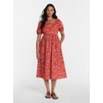 thumbnail image 1 of Time and Tru Women's Tie Back Cotton Midi Dress with Short Puff Sleeves, Sizes XS-XXXL, 1 of 4
