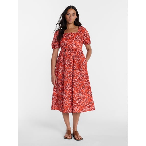 Time and Tru Women's Tie Back Cotton Midi Dress with Short Puff Sleeves, Sizes XS-XXXL