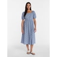 thumbnail image 1 of Time and Tru Women's Tie Back Cotton Midi Dress with Short Puff Sleeves, Sizes XS-XXXL, 1 of 4