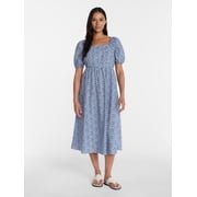 Time and Tru Women's and Women's Plus Cotton Back Tie Midi Dress with Short Puff Sleeves, Sizes XS-4X
