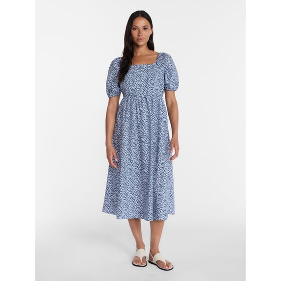 Time and Tru Women's Tie Back Cotton Midi Dress with Short Puff Sleeves, Sizes XS-XXXL