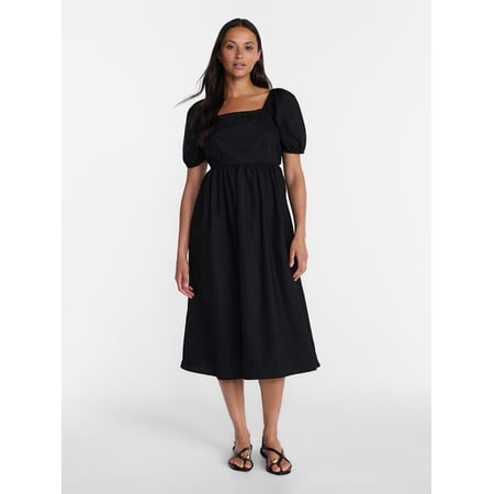 Time and Tru Women's and Women's Plus Cotton Back Tie Midi Dress with Short Puff Sleeves, Sizes XS-4X