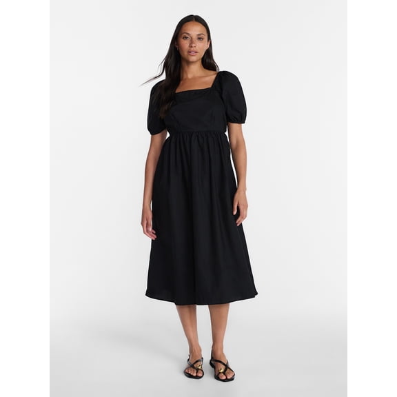 Time and Tru Women's and Women's Plus Cotton Back Tie Midi Dress with Short Puff Sleeves, Sizes XS-4X