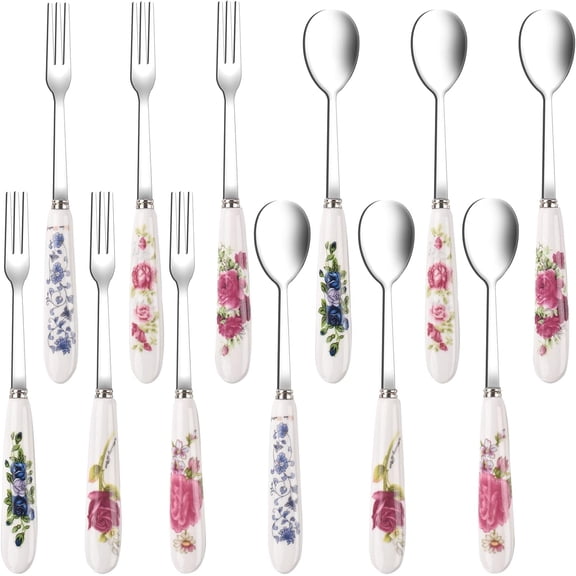 TIE-DailyNec 12 Pcs Stainless Steel Flatware Set, Ceramic Handle Cutlery Set with Flower Pattern for Home, Restaurant and Kitchen