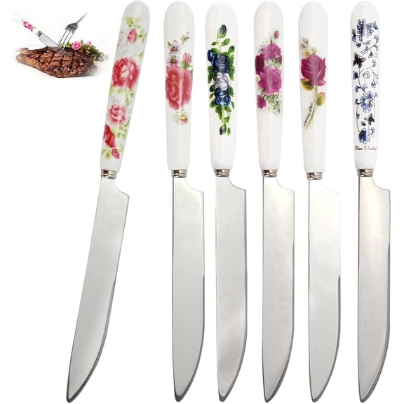 TIE-DailyNec 6 Pcs Floral Butter Knife Set, Ceramic Handle Cheese Spreaders for Jam, Cream, Peanut Butter & Sandwiches, Dishwasher Safe