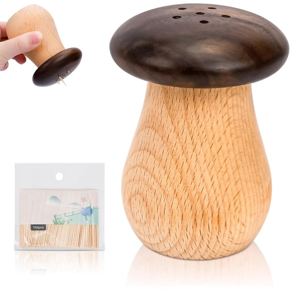 TIE-DailyNec Cute Mushroom Toothpick Holder with 150 Toothpicks, Wooden Tooth Picks Dispenser Container for Home Kitchen Restaurant Decorative, Unique Gift for Christmas Thanksgiving Birthday