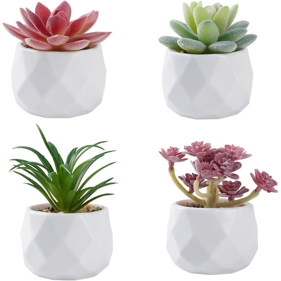TIE-DailyNec Set of 4 Artificial Succulents in White Plastic Pots, Mini Faux Plants for Bedroom Office Shelf Balcony Windowsills Decor