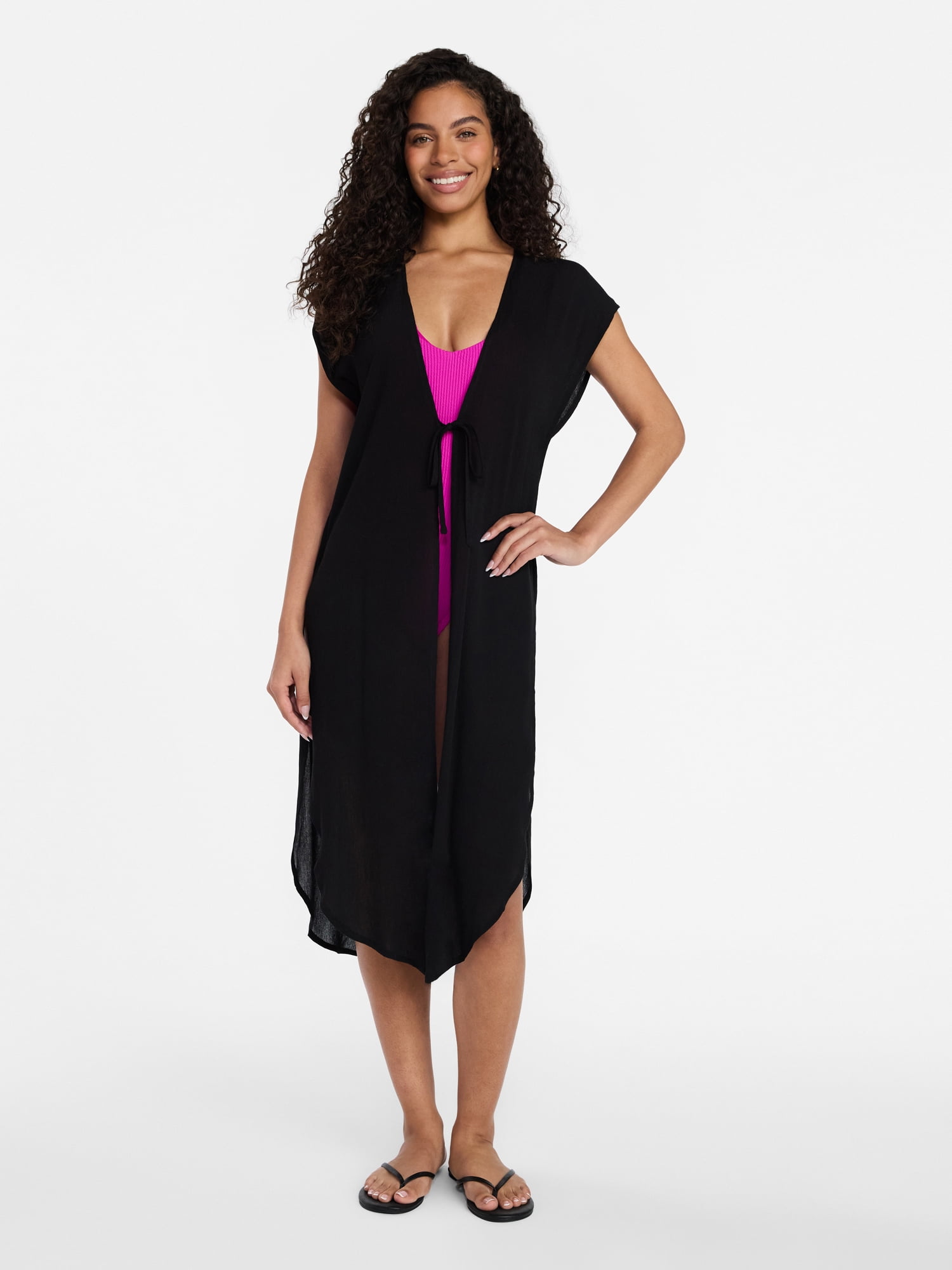 Time and Tru Women's Tie Front Coverup, Size L/XL, Black Soot