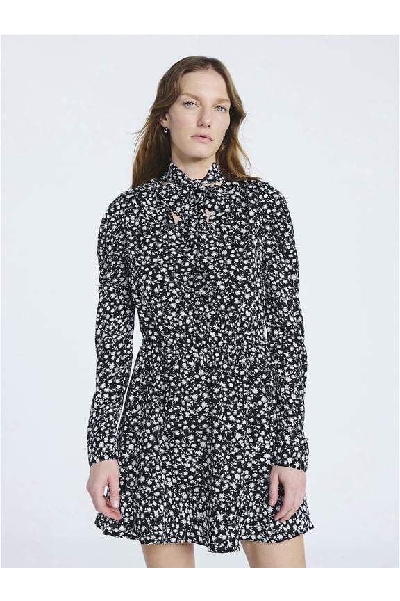 Women's and Women's Plus Tie Neck Mini Dress with Long Sleeves, Sizes XS-4X