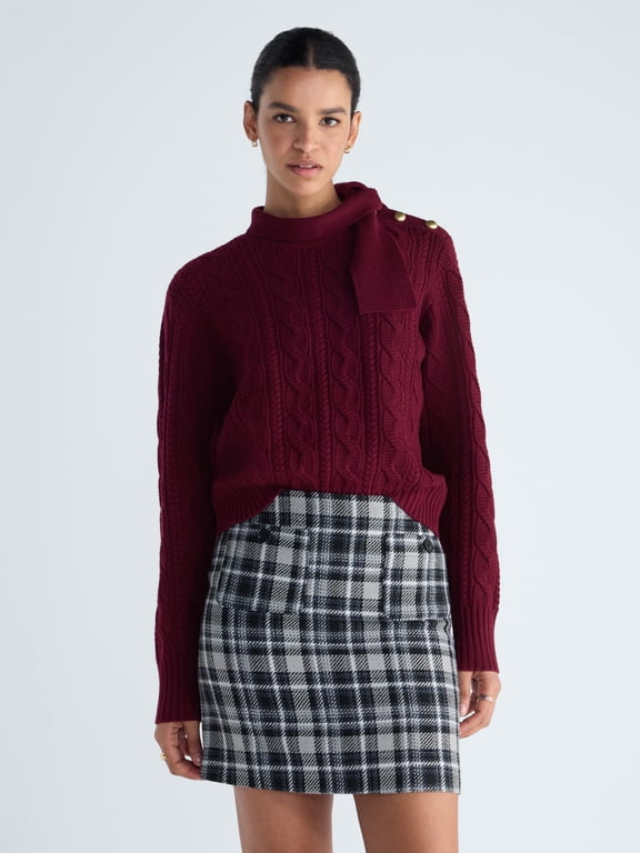 Women’s Tie Neck Cable Knit Sweater, Midweight, Sizes XS-XXL