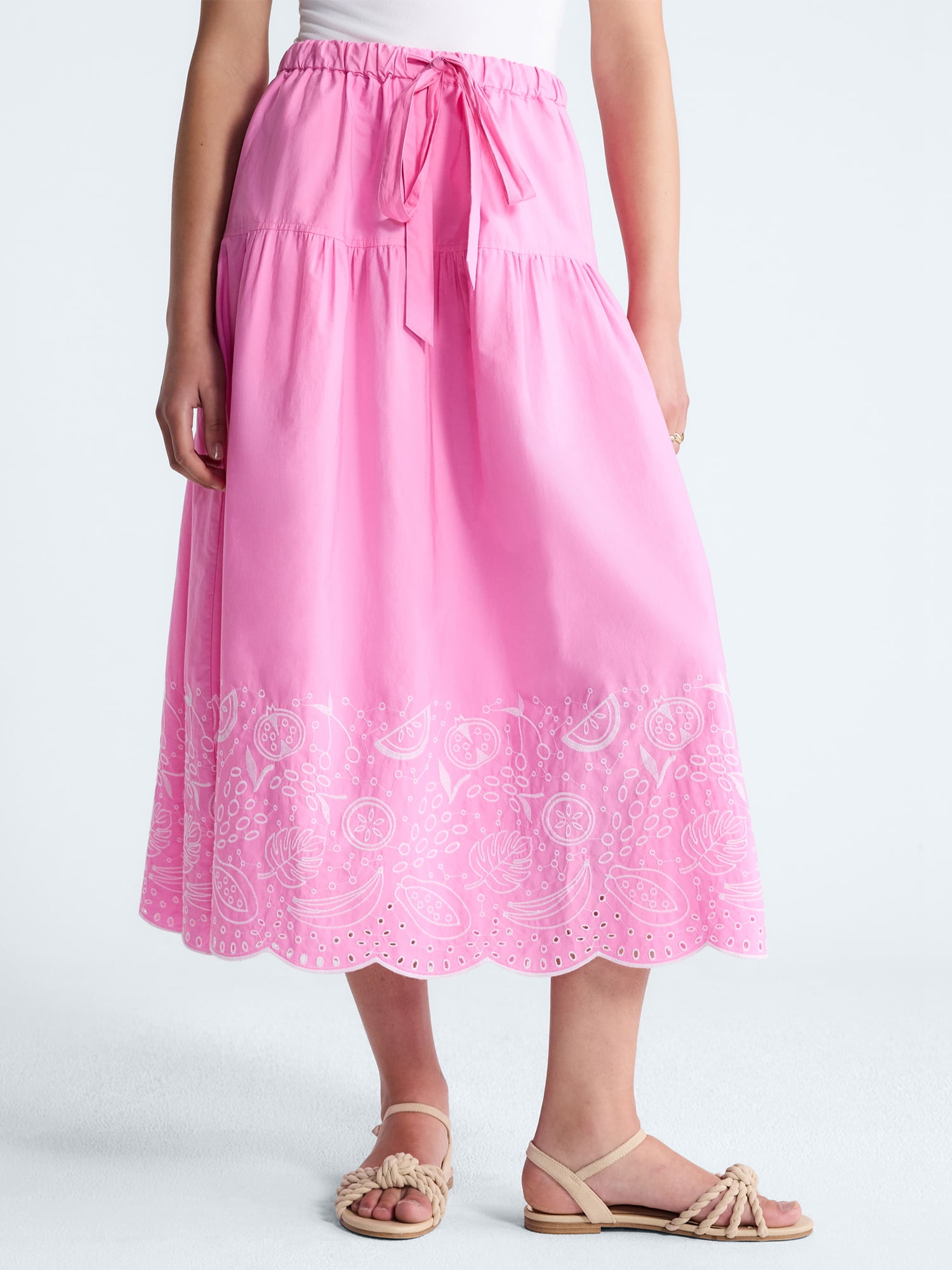 Free Assembly Women's Tie Waist Embroidered Cotton Midi Skirt, Sizes XS-XXL