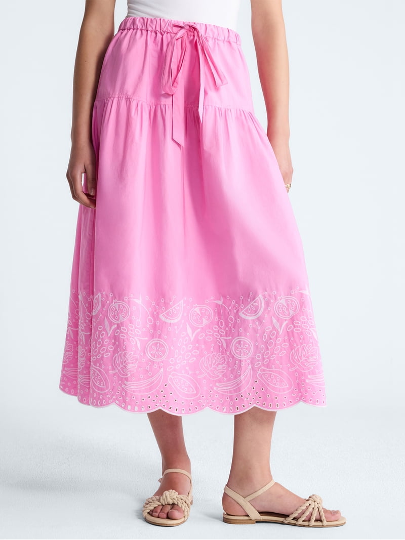 Free Assembly Women's Tie Waist Embroidered Cotton Midi Skirt