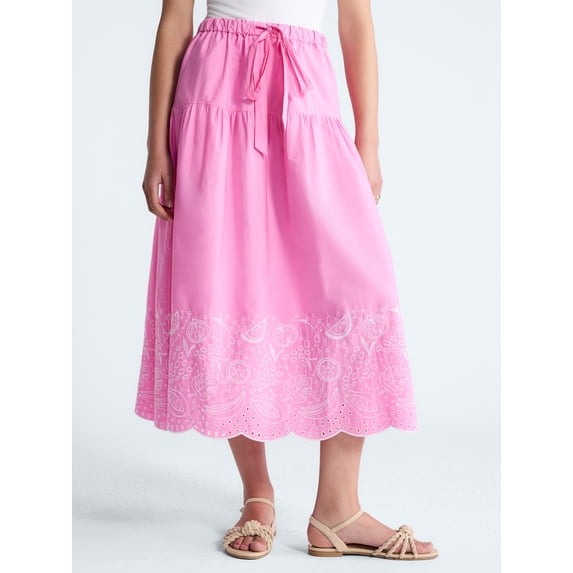 Free Assembly Women's Tie Waist Embroidered Cotton Midi Skirt, Sizes XS-XXL
