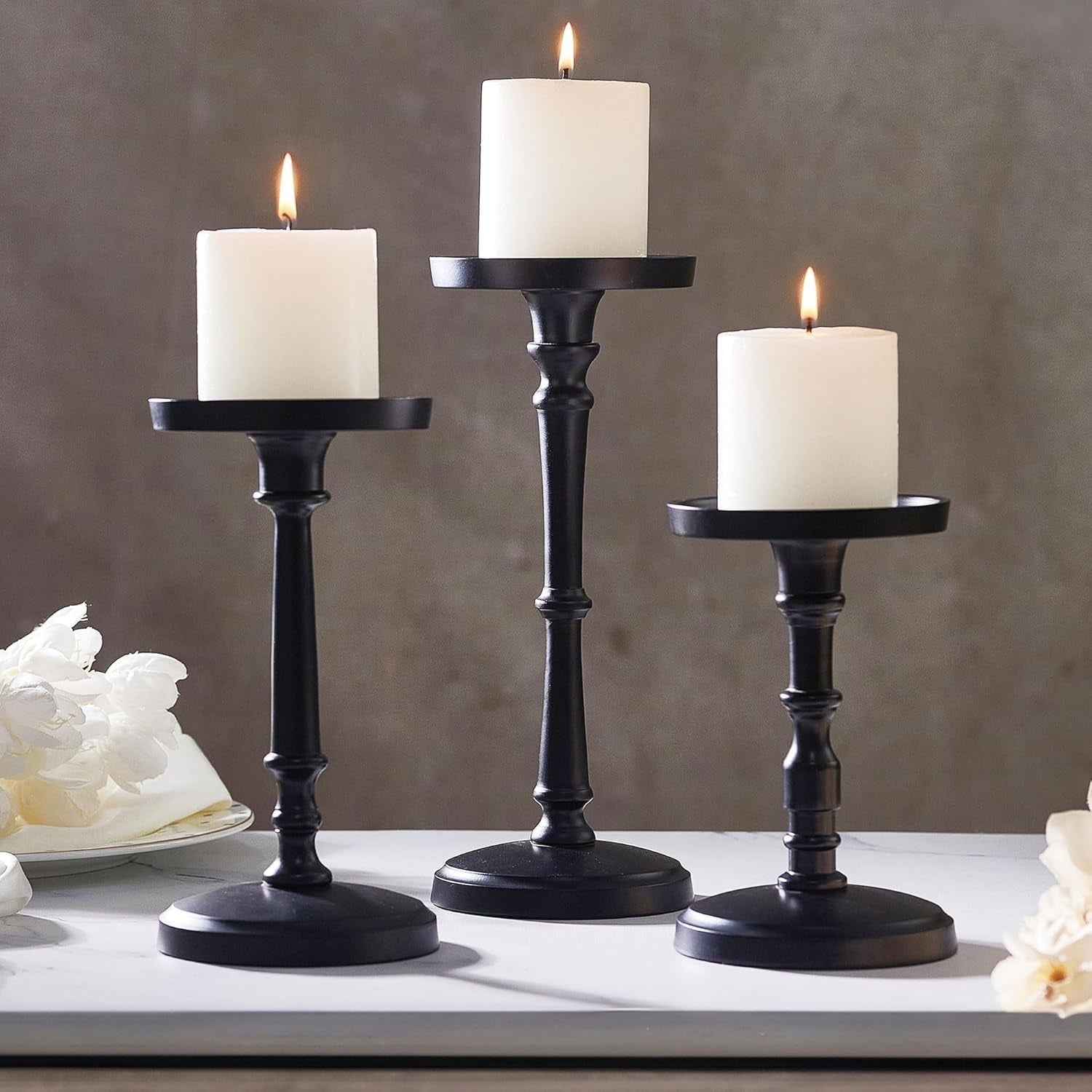 TIED RIBBONS 3 Pc Pillar Candle Holder | Metal, Black | Candlestick Holders for Table Centerpieces, Wedding, Living Room Decor, Dining Table, Party | Tapper Candle Holder