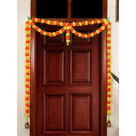 TIED RIBBONS 43 Inch Door Toran Bandhanwar | Artificial Marigold Flowers Garland with Golden Bells for Home Decoration | Yellow, Orange | Garland for Door Wall Hanging Decor
