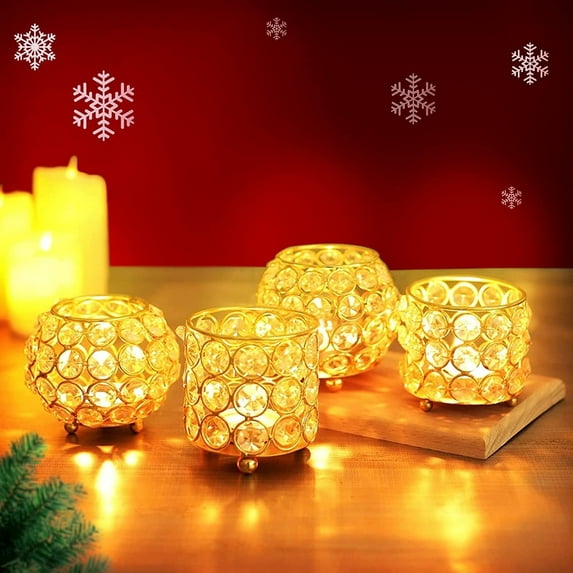 Tied Ribbons Crystal Tealight Candle Holder Centerpiece, Large | Gold, Metal Rim | Set of 4 | 3.5 x 3.9 inch | Votive Candle Holder for Home, Dinning Table