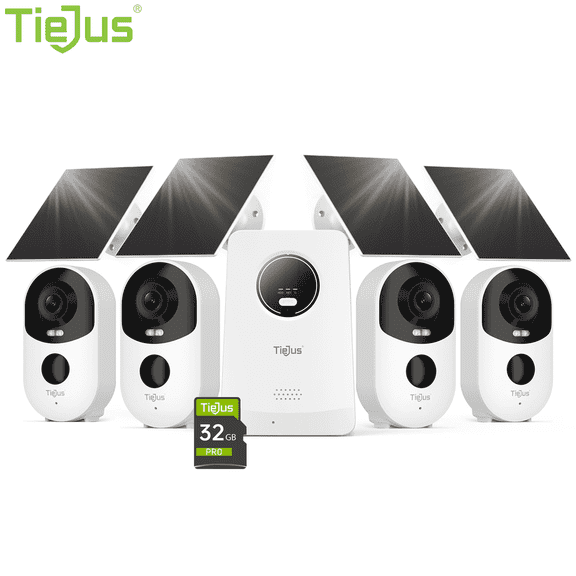 TIEJUS 2K/4MP Solar Security Camera with Base Station, No Monthly Fee, with 32GB Local Storage, 2.4/5GHz WiFi, Wireless Outdoor Home Surveillance System Camera