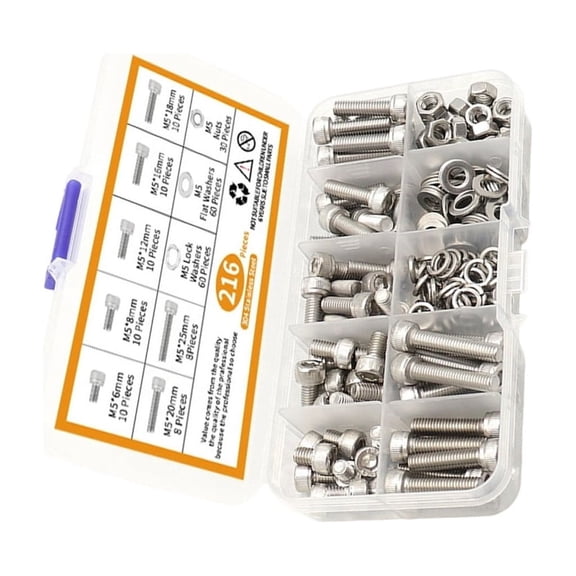 TIERPOP 216Pcs Stainless Steel Machine Screws with Flat & Lock Washers Hexagon Socket Head Caps Screw Round Head Machine Screws