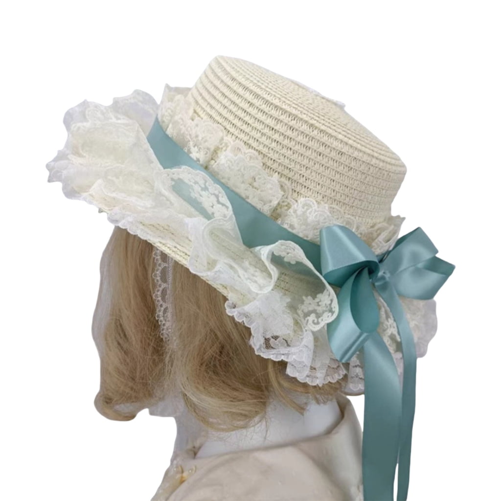 TIERPOP Breathable Straw Bonnet Hat Comfortable Victorian Theme Event Hat With Lace Trim and Bowknot For Cosplay Gatherings