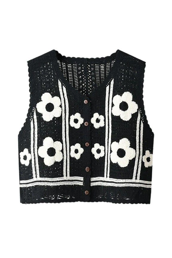 Korean Boho Women Crochet Knit Vest Waistcoat Vintage Colorful Floral Pattern Sleeveless Cardigan for Jacket Retro Hippie V-Neck Button Down Crop Top