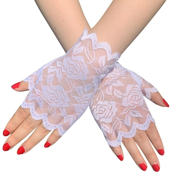TIERPOP Lace Gloves Elegant Short Courtesy Summer Fingerless Wrist Length Floral Mittens for Women Girl Wedding Halloween Party