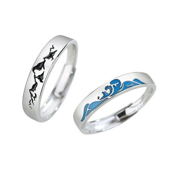 Matching Rings Mountain Sea Promise Band Rings Open Ring Adjustable Lovers Ring Set for Him Her Girlfriend Boyfriend