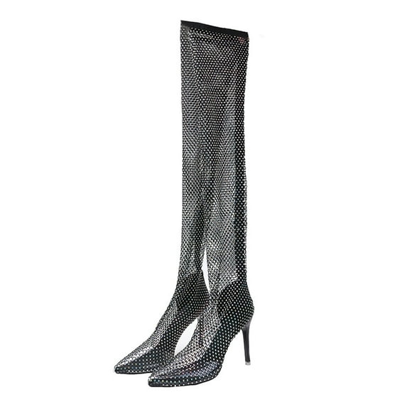 TIERPOP Rhinestone Boots for Women 3.5in High Heels Stretch Mesh Sexy Pointed Toe