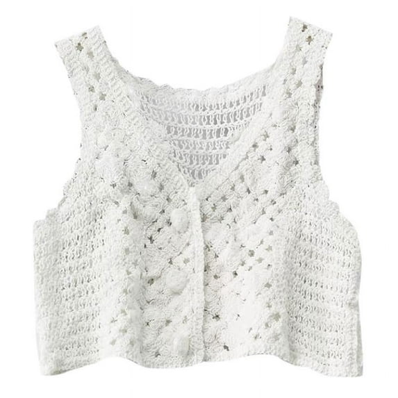 TIERPOP Women Crochet Knit Sleeveless Crop Top Vest Floral Lace Button Waistcoat for Jacket