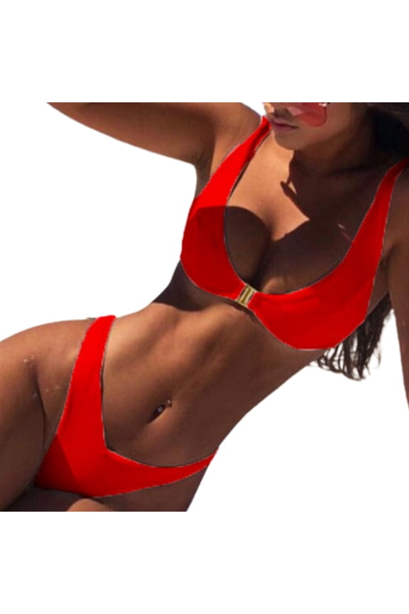 Women Sexy 2pcs Solid Color Bikini Set Scoop Neck Metal Buckle Front Swimsuit