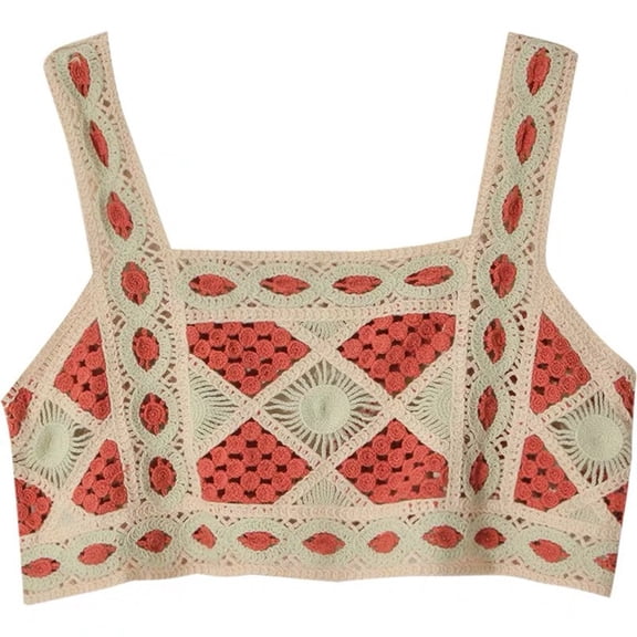 TIERPOP Women Summer Bohemian Knitted Crop Tank Top Hollow Out Crochet Geometric Pattern Camisole Vintage Sleeveless Beach Vest
