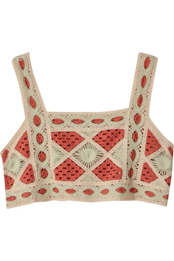 Women Summer Bohemian Knitted Crop Tank Top Hollow Out Crochet Geometric Pattern Camisole Vintage Sleeveless Beach Vest