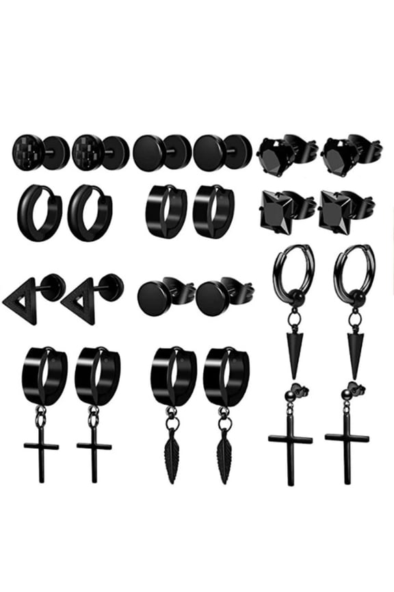 12 Pairs Earrings Men Women Stainless Steel Cross Stud Hinged Hoop Jewelry Set