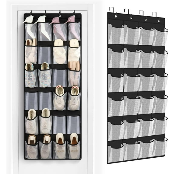 TIFOR 24 Large Pockets Over Door Shoe Organizer, Mesh Hanging Shoe Organizer Shoe Rack for Closet Mesh Closet Shoe Holder, Over Door Organizer for Cruise Ships, Shoe Organizer for Wall, Black, 1 Pack
