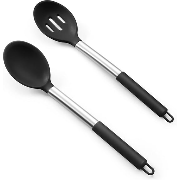 TIFOR 2Pcs Silicone Cooking Spoon, Large Serving Spoons, Nonstick High Temperature Food Grade Cooking Spoon for Kitchen Baking Drainage